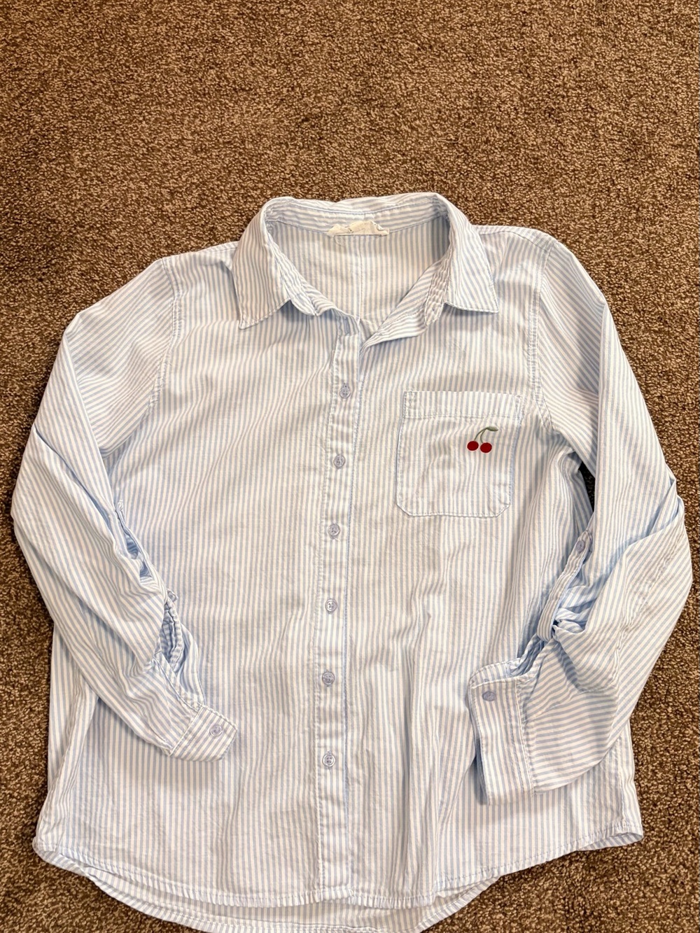 Hippie Rose Light Blue & White Striped Button-Down Shirt with Cherry Pocket
